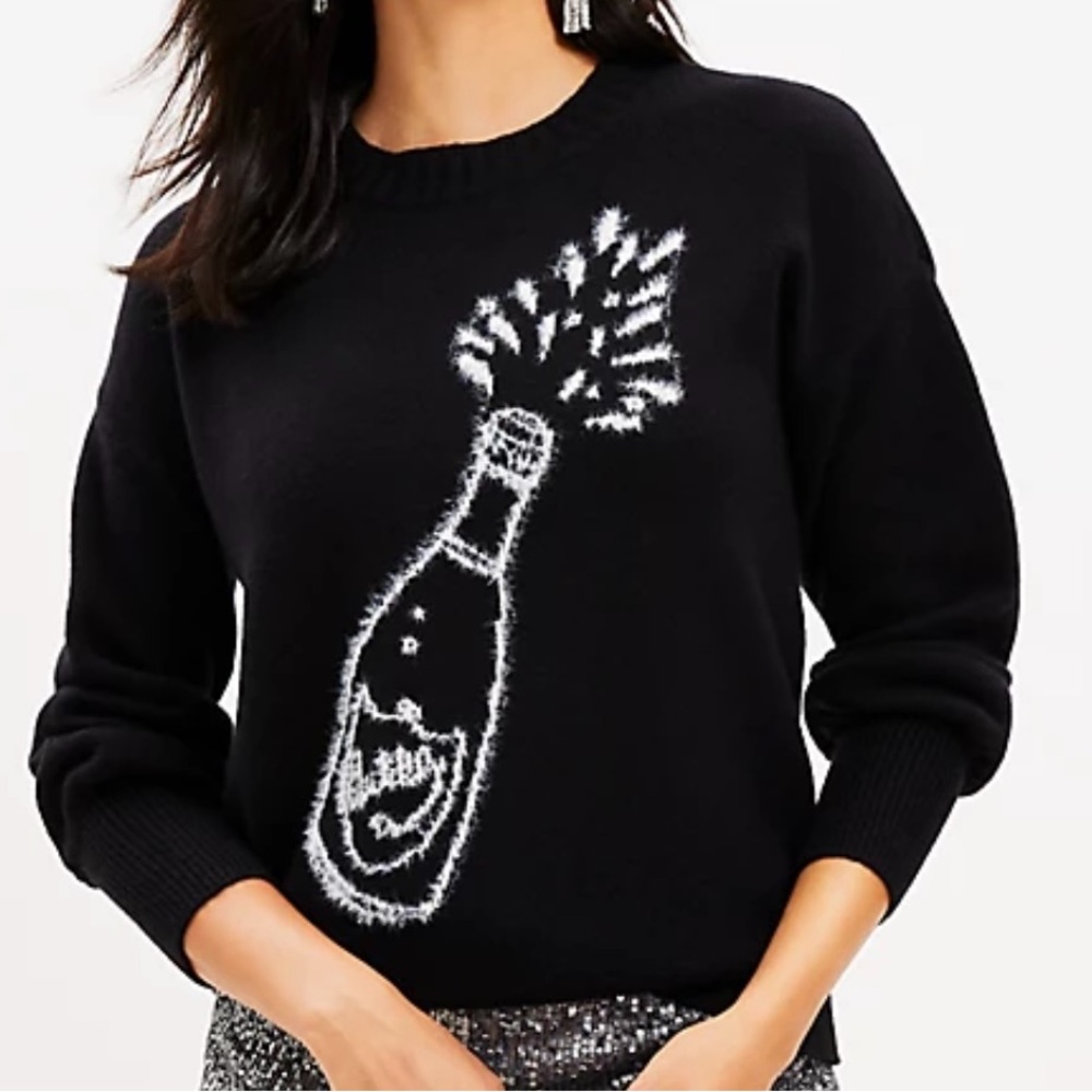 LOFT Black Champagne Bottle Graphic Sweater New Years Eve Party Pullover